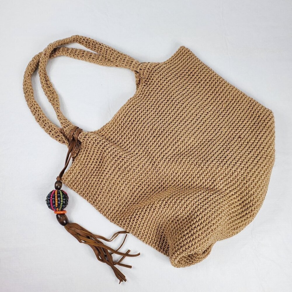 INC International Concepts Women's Beige Tote Bag Knit Beaded Double Handle - Picture 2 of 9